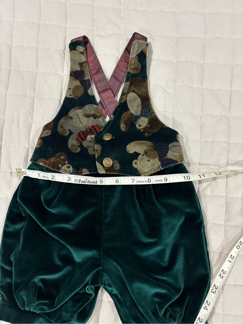 Good Lad Vintage Baby Christmas Velvet Romper Green Teddy Bear Print USA 12M